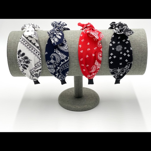 New White Paisley bandana print fabric top bow knot flexible comfy headband - Picture 8 of 10